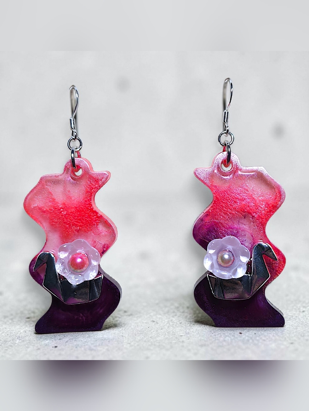 Origami Crane & Flower Resin Dangles | Abstract Pink/Plum Earrings